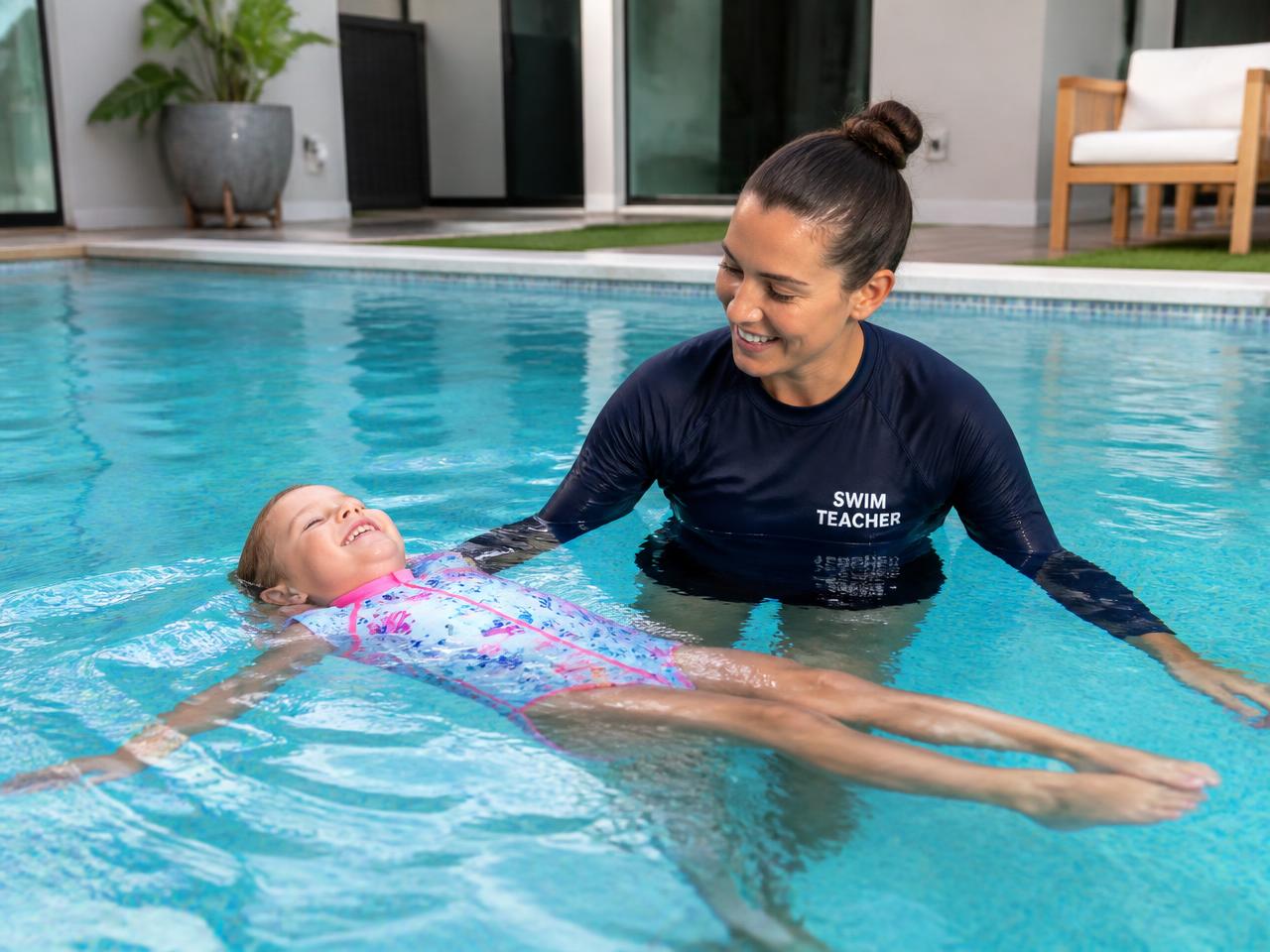 A WaterWaves-style instructor supporting a young child learning to float in a home pool