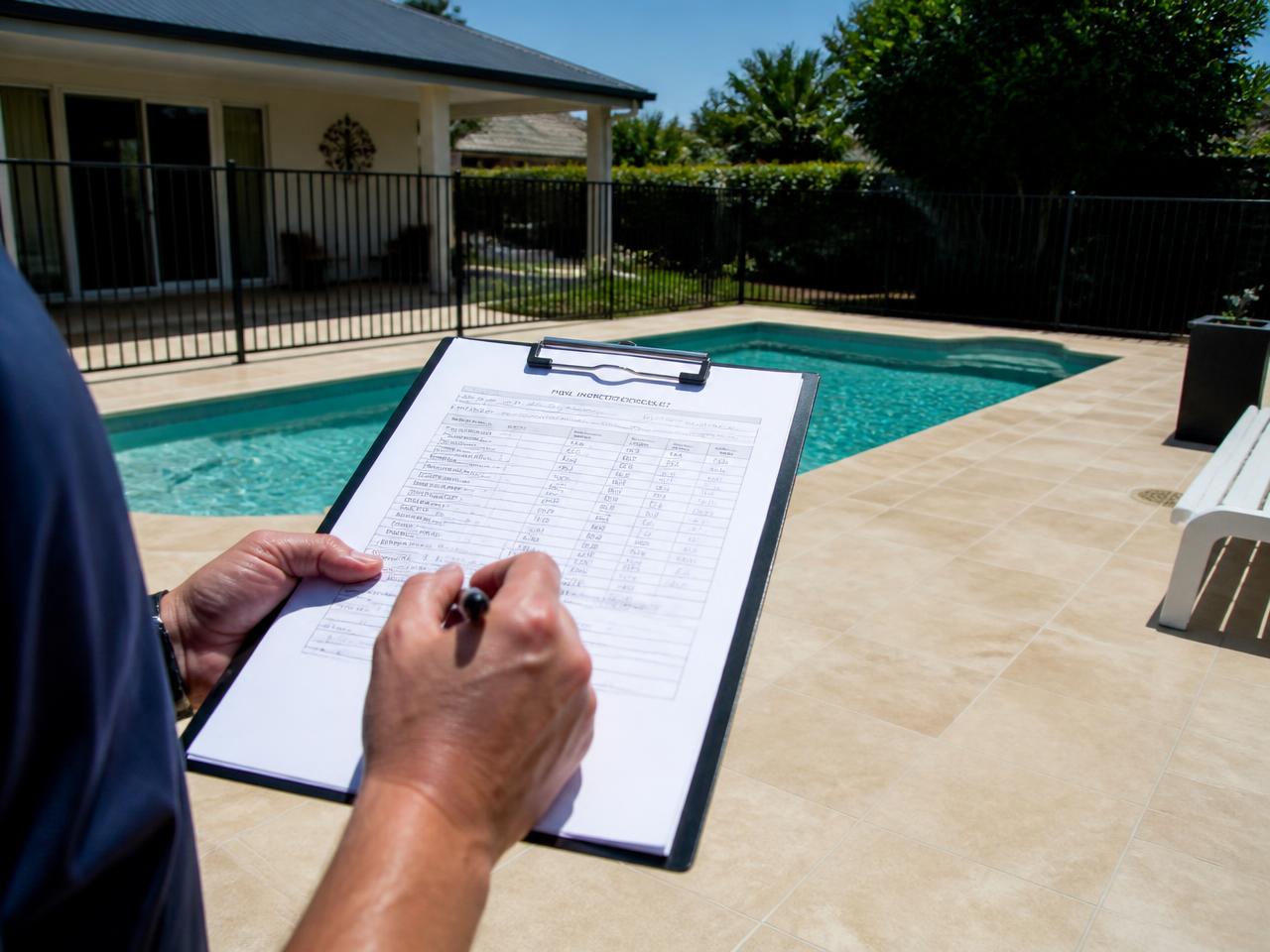 An inspector completing a pool safety checklist beside a fenced residential pool