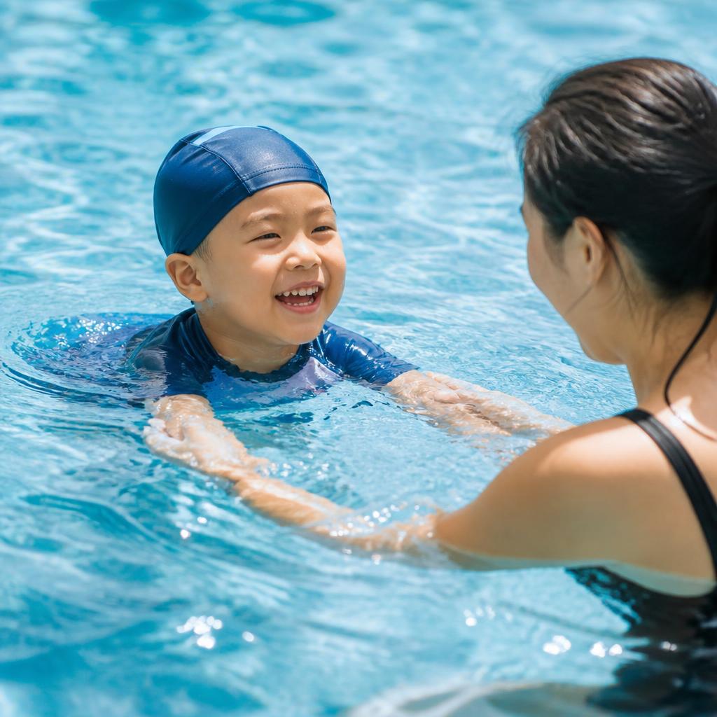 A young child in a swim cap smiling during a one-on-one pool lesson