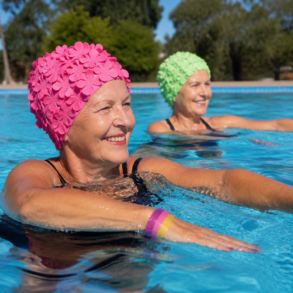 Two smiling senior women exercising in an outdoor pool